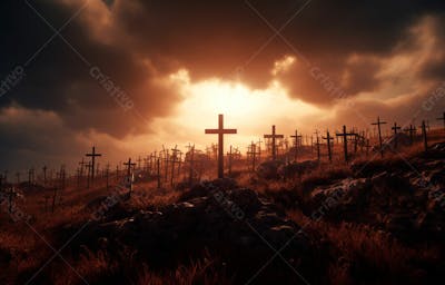 Imagem De Cruz No Topo Da Colina Com Raio Solar De Um Lindo Pôr Do Sol 49