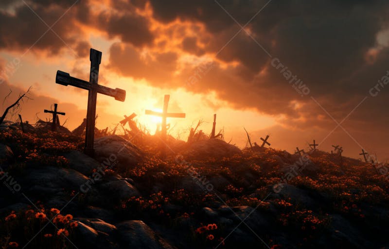 Imagem de cruz no topo da colina com raio solar de um lindo pôr do sol 50