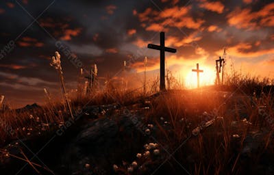 Imagem De Cruz No Topo Da Colina Com Raio Solar De Um Lindo Pôr Do Sol 51