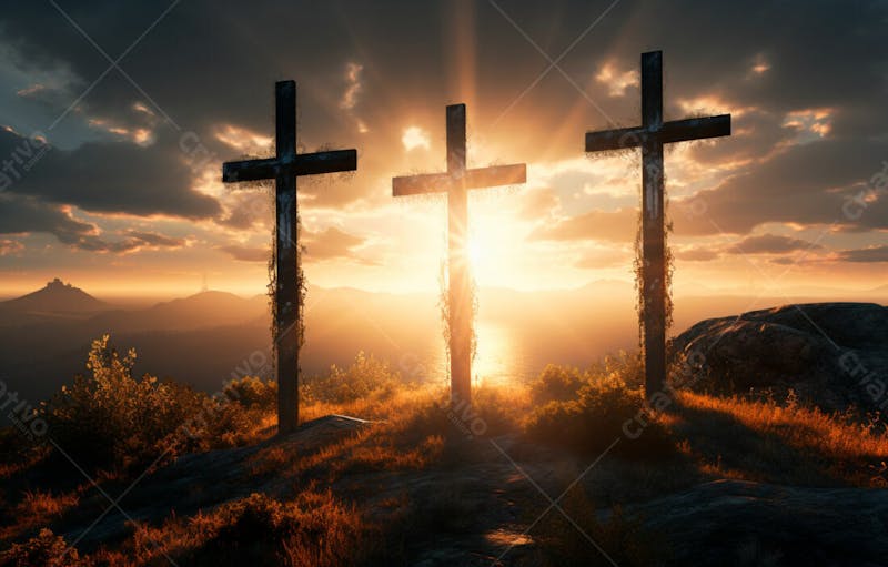 Imagem de cruz no topo da colina com raio solar de um lindo pôr do sol 53