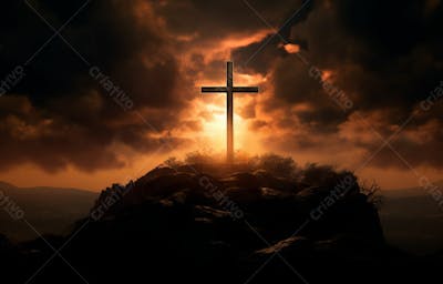 Imagem De Cruz No Topo Da Colina Com Raio Solar De Um Lindo Pôr Do Sol 54