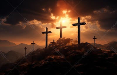 Imagem De Cruz No Topo Da Colina Com Raio Solar De Um Lindo Pôr Do Sol 55