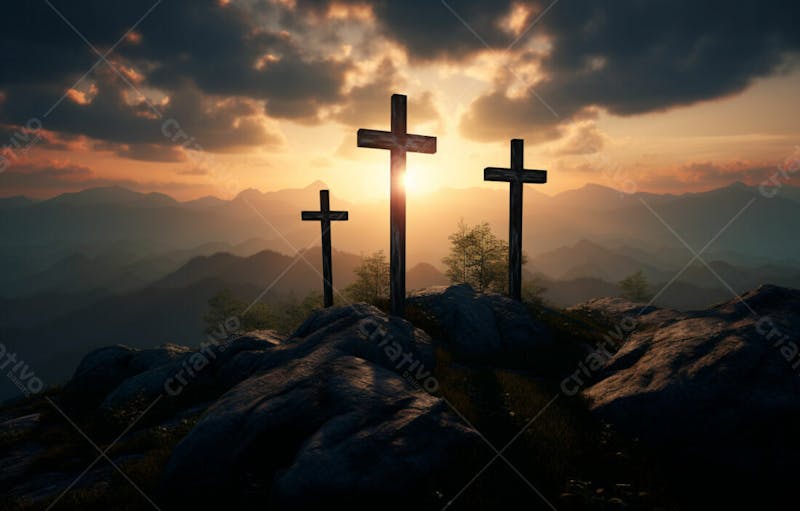 Imagem de cruz no topo da colina com raio solar de um lindo pôr do sol 56
