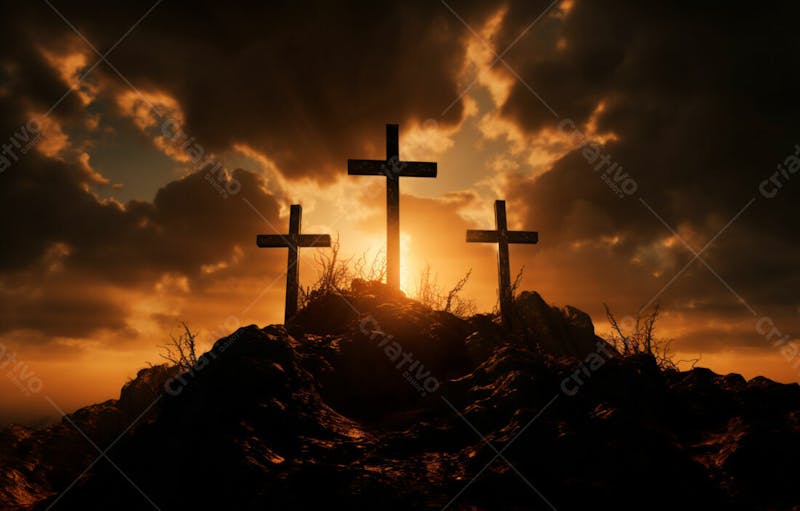 Imagem de cruz no topo da colina com raio solar de um lindo pôr do sol 57