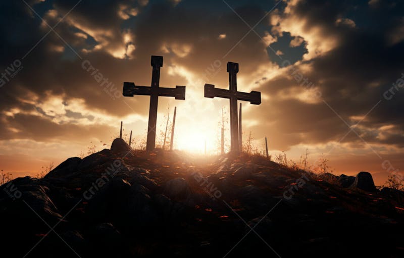 Imagem de cruz no topo da colina com raio solar de um lindo pôr do sol 59