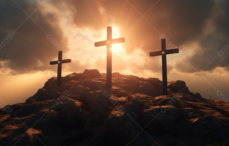 Imagem de cruz no topo da colina com raio solar de um lindo pôr do sol 60