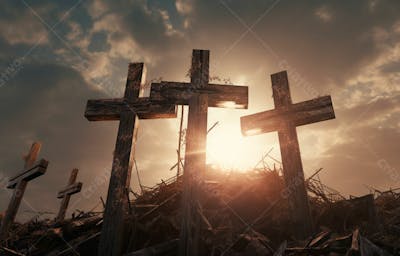 Imagem De Cruz No Topo Da Colina Com Raio Solar De Um Lindo Pôr Do Sol 61