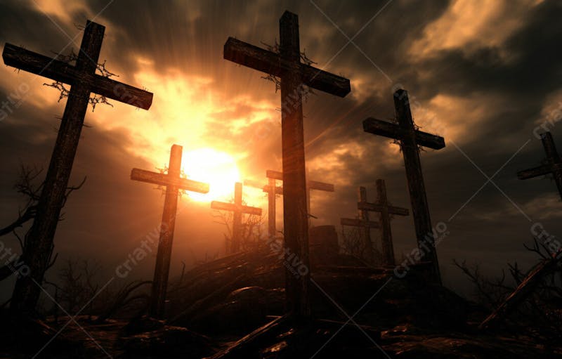 Imagem de cruz no topo da colina com raio solar de um lindo pôr do sol 62