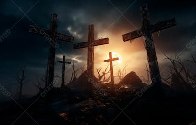 Imagem De Cruz No Topo Da Colina Com Raio Solar De Um Lindo Pôr Do Sol 63