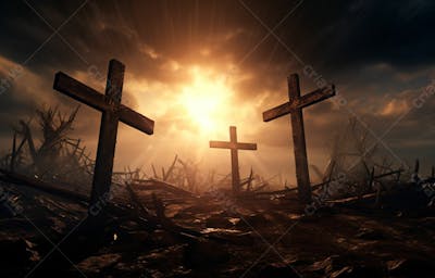 Imagem De Cruz No Topo Da Colina Com Raio Solar De Um Lindo Pôr Do Sol 64