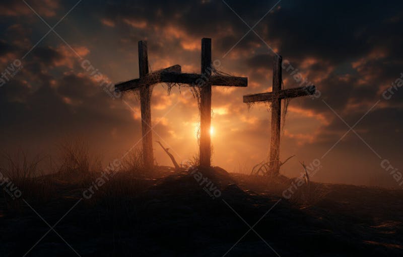 Imagem de cruz no topo da colina com raio solar de um lindo pôr do sol 65