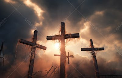 Imagem De Cruz No Topo Da Colina Com Raio Solar De Um Lindo Pôr Do Sol 66