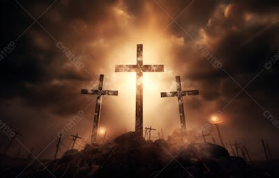 Imagem De Cruz No Topo Da Colina Com Raio Solar De Um Lindo Pôr Do Sol 68