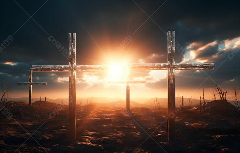 Imagem de cruz no topo da colina com raio solar de um lindo pôr do sol 69