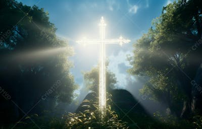 Imagem De Cruz No Topo Da Colina Com Raio Solar De Um Lindo Pôr Do Sol 70