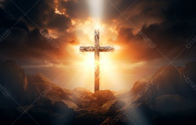 Imagem De Cruz No Topo Da Colina Com Raio Solar De Um Lindo Pôr Do Sol 71