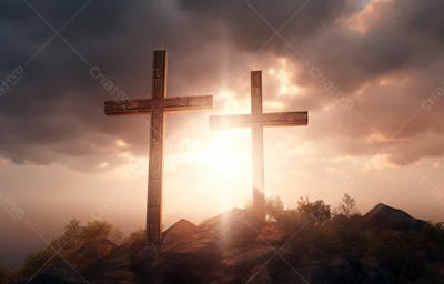 Imagem De Cruz No Topo Da Colina Com Raio Solar De Um Lindo Pôr Do Sol 76