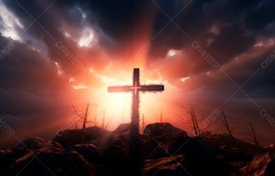Imagem De Cruz No Topo Da Colina Com Raio Solar De Um Lindo Pôr Do Sol 77
