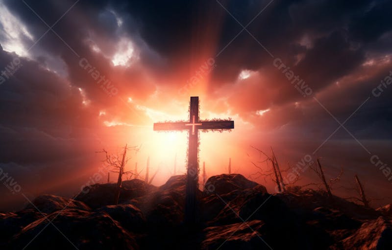 Imagem de cruz no topo da colina com raio solar de um lindo pôr do sol 77