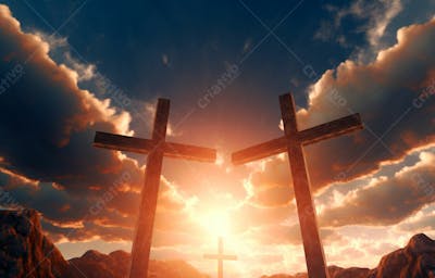 Imagem De Cruz No Topo Da Colina Com Raio Solar De Um Lindo Pôr Do Sol 78