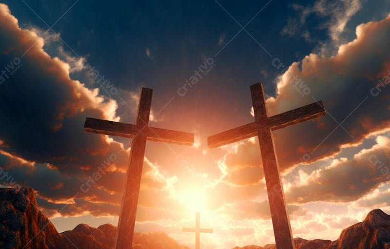 Imagem de cruz no topo da colina com raio solar de um lindo pôr do sol 78