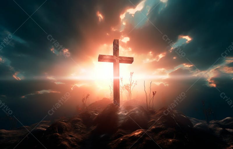 Imagem de cruz no topo da colina com raio solar de um lindo pôr do sol 79
