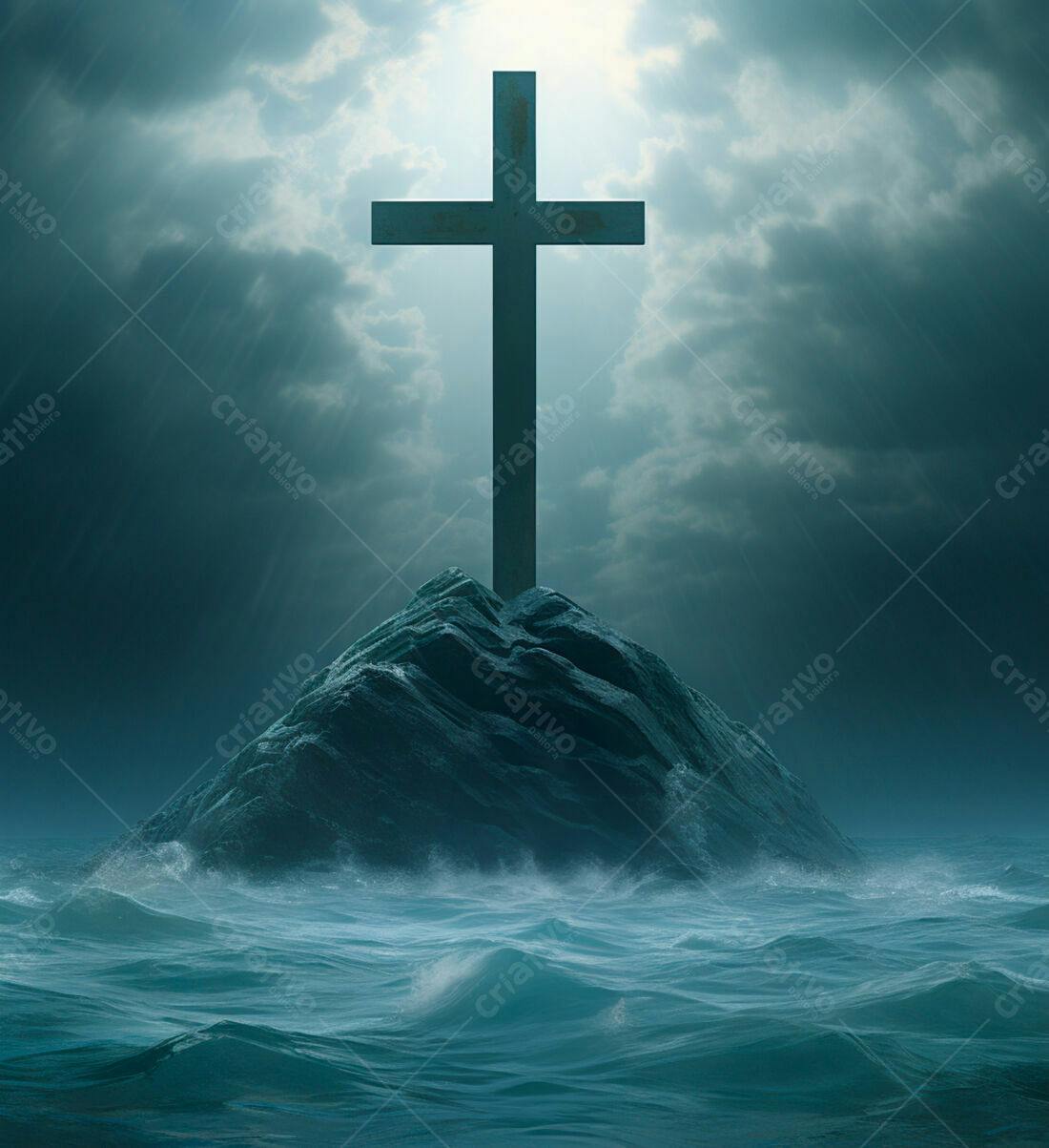 Cruz em rocha no mar tempestuoso
