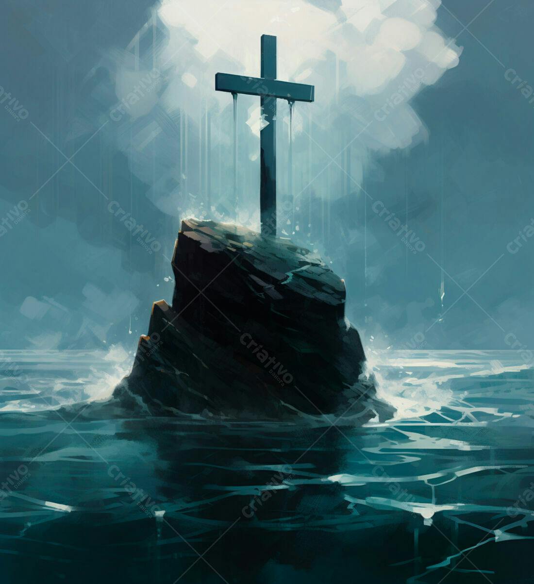 Cruz em rocha no mar sombrio