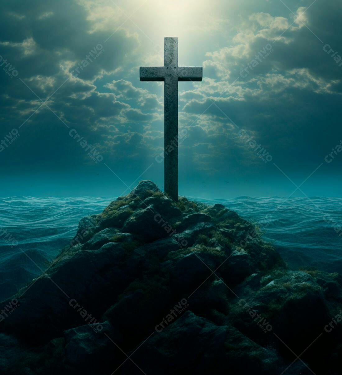 Cruz de pedra em rochedo sobre o mar noturno