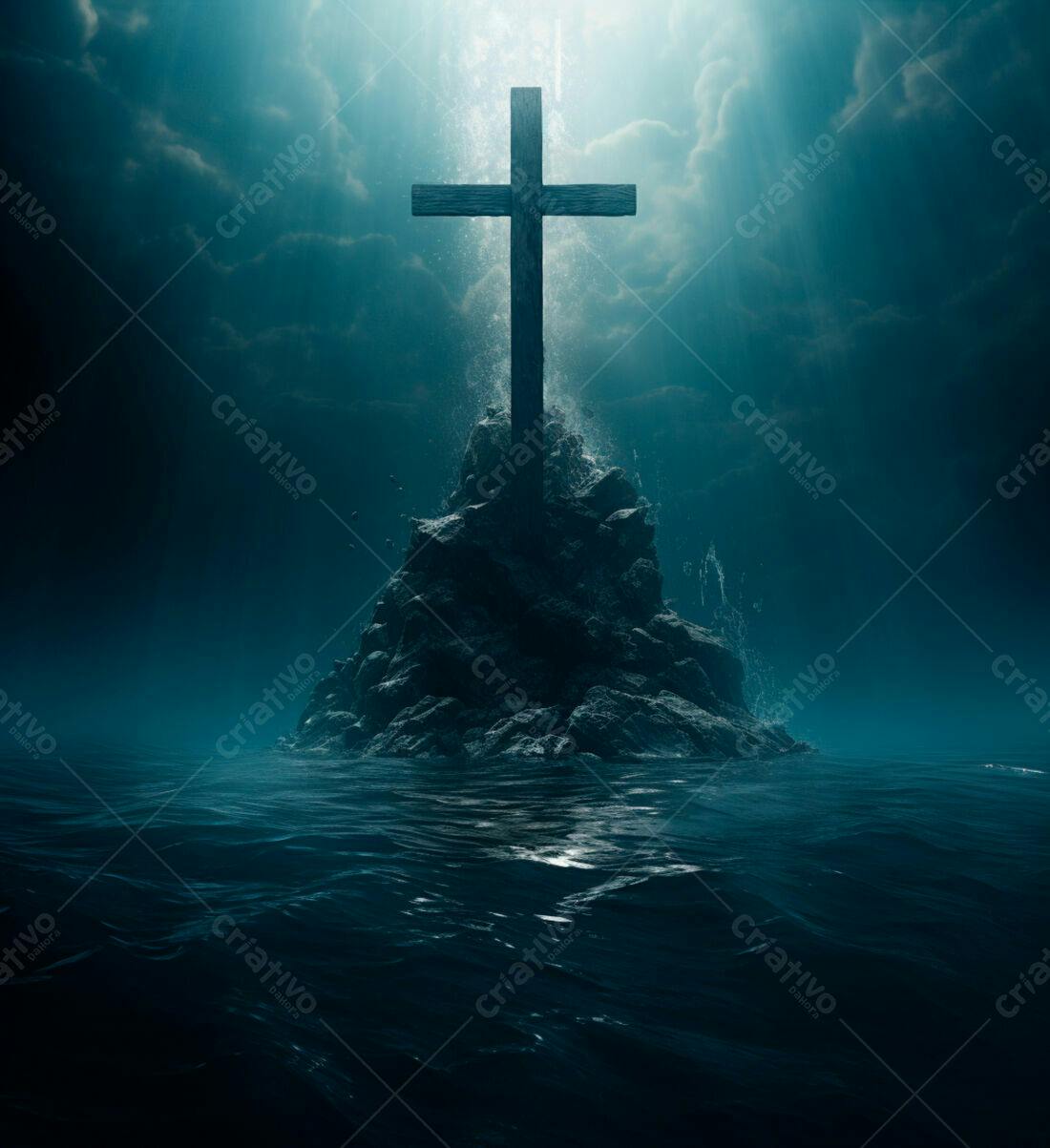Cruz de madeira em rocha no oceano
