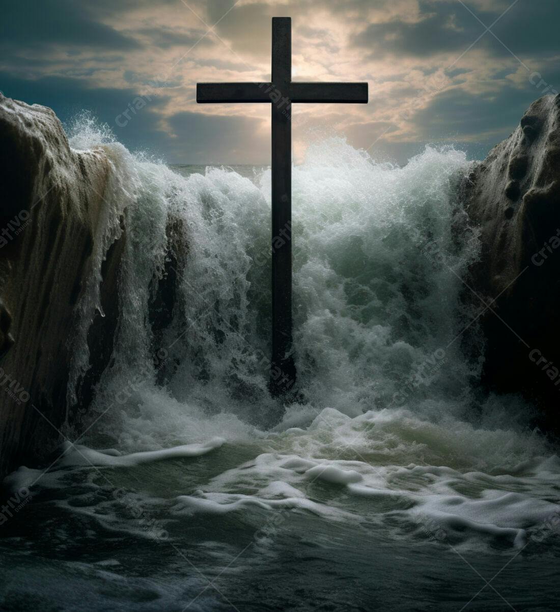 Cruz em meio a ondas furiosas no mar