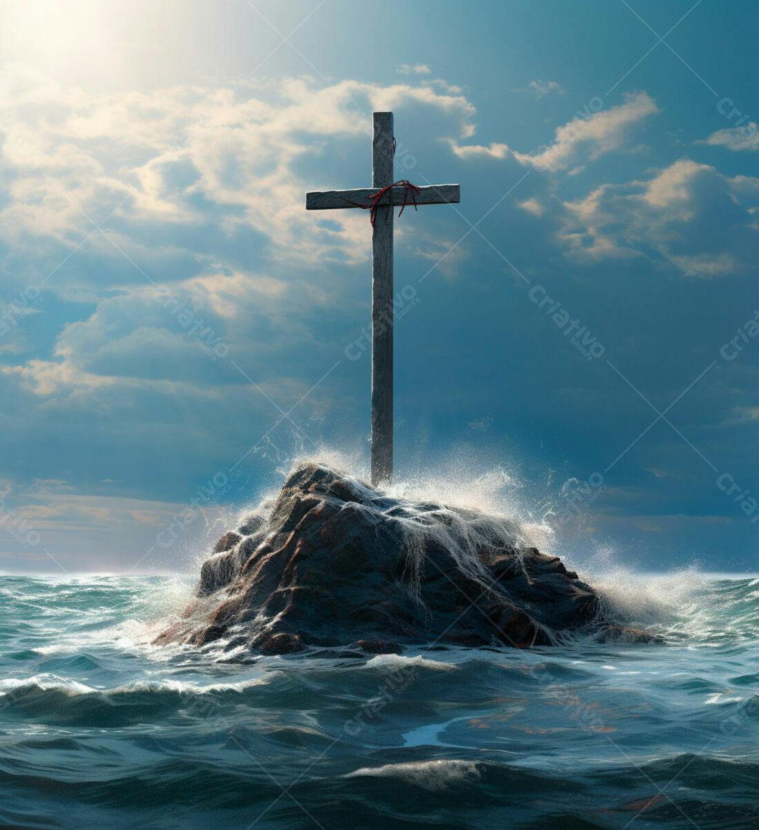 Cruz de madeira em rocha no mar tempestuoso