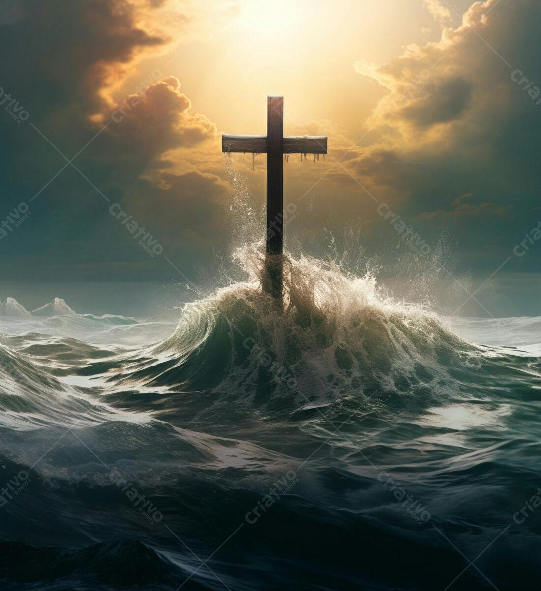 Cruz em ondas tempestuosas ao entardecer
