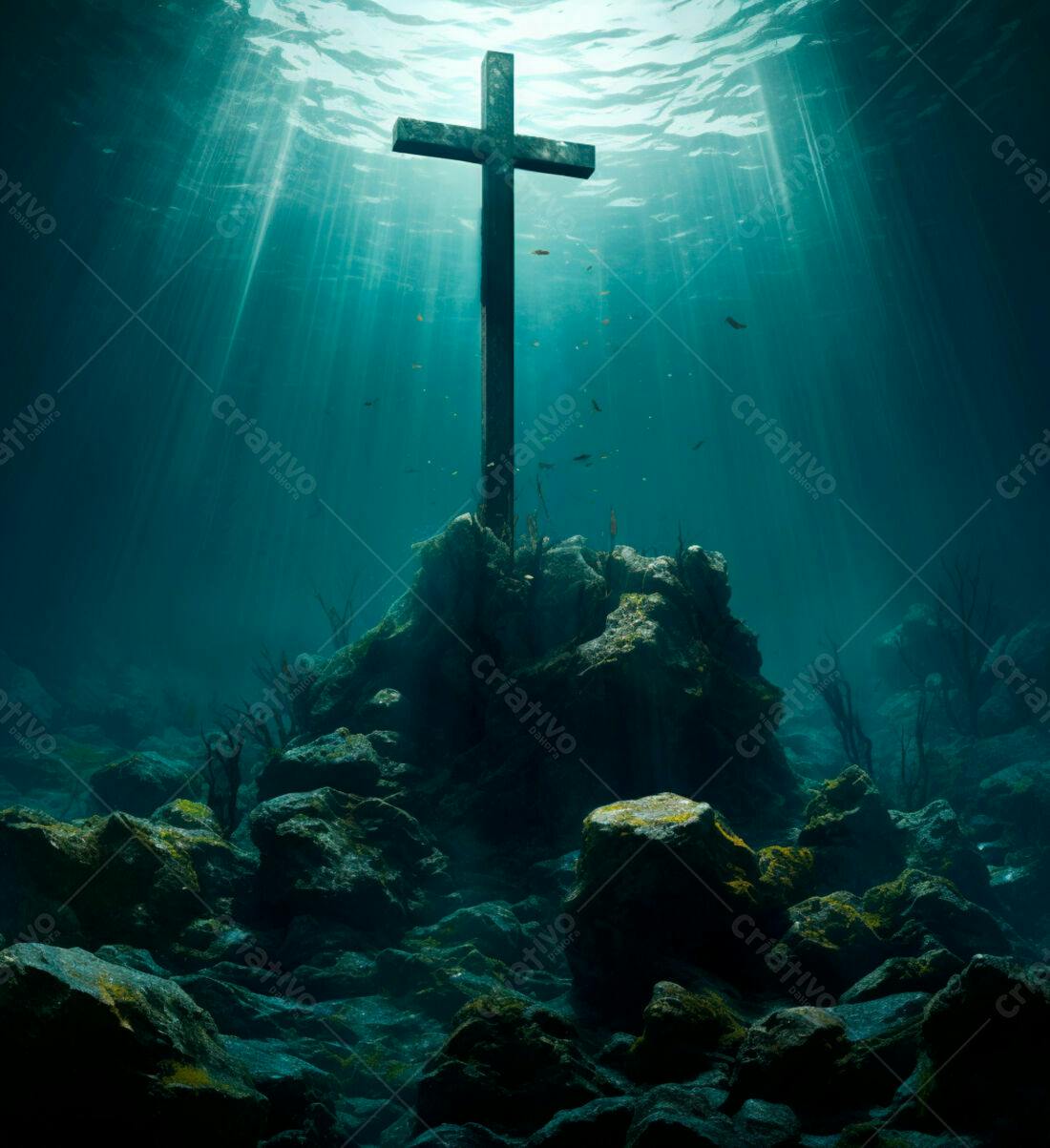 Cruz subaquática em fundo rochoso