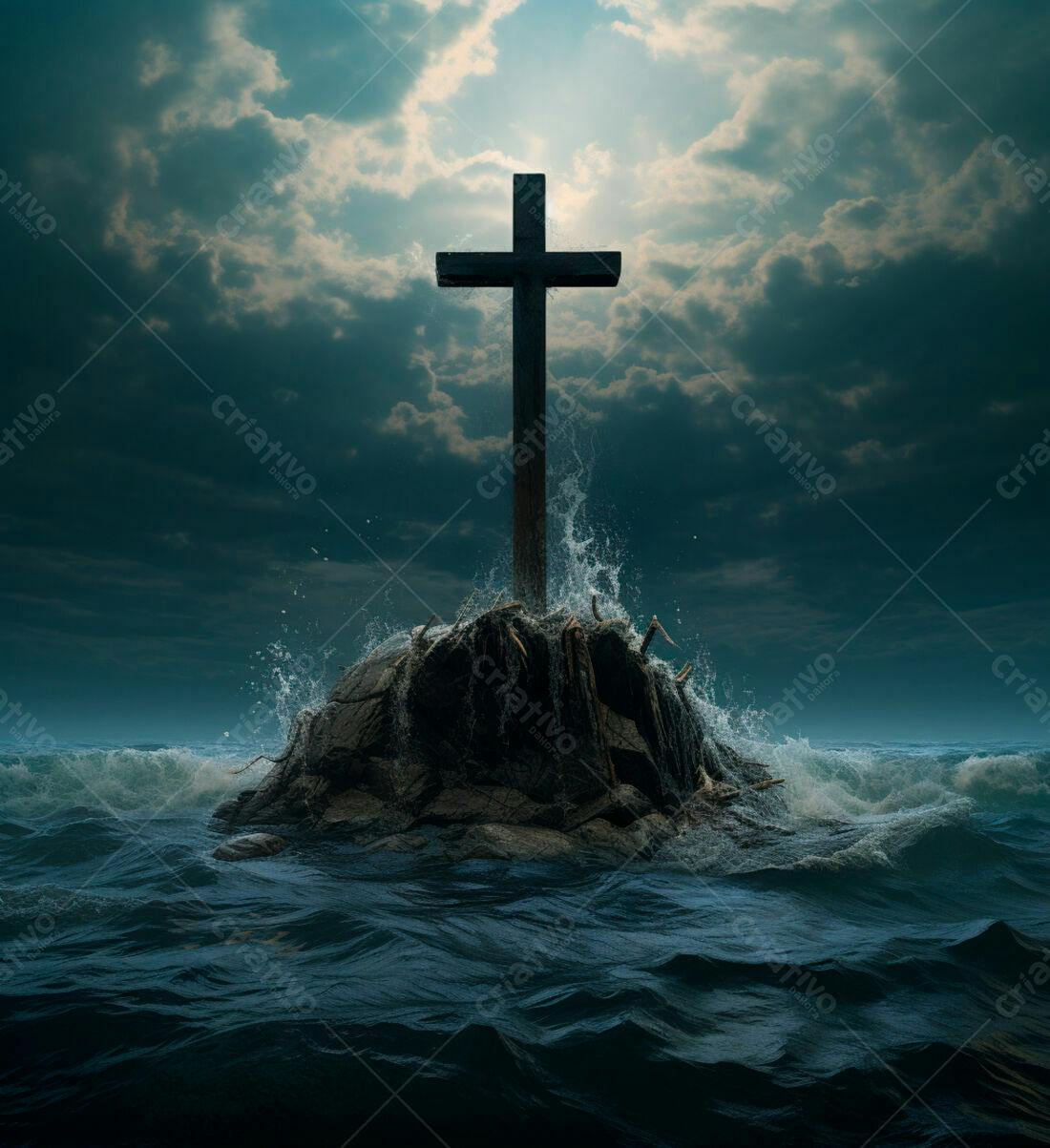 Cruz de madeira em rocha no mar tempestuoso