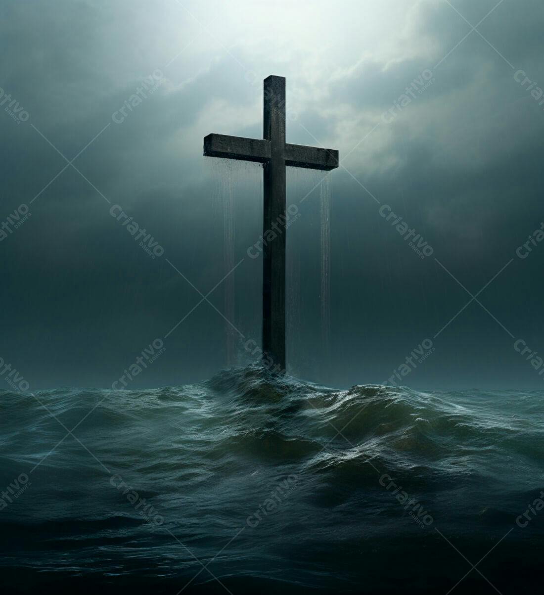 Cruz de madeira em mar tempestuoso