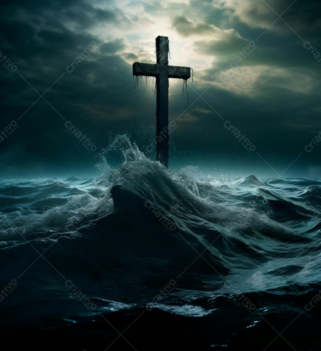 Cruz de madeira em mar tempestuoso