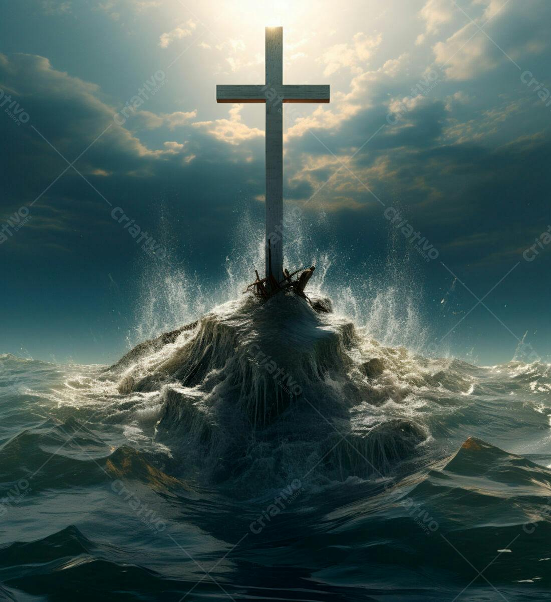 Cruz em rocha no mar tempestuoso