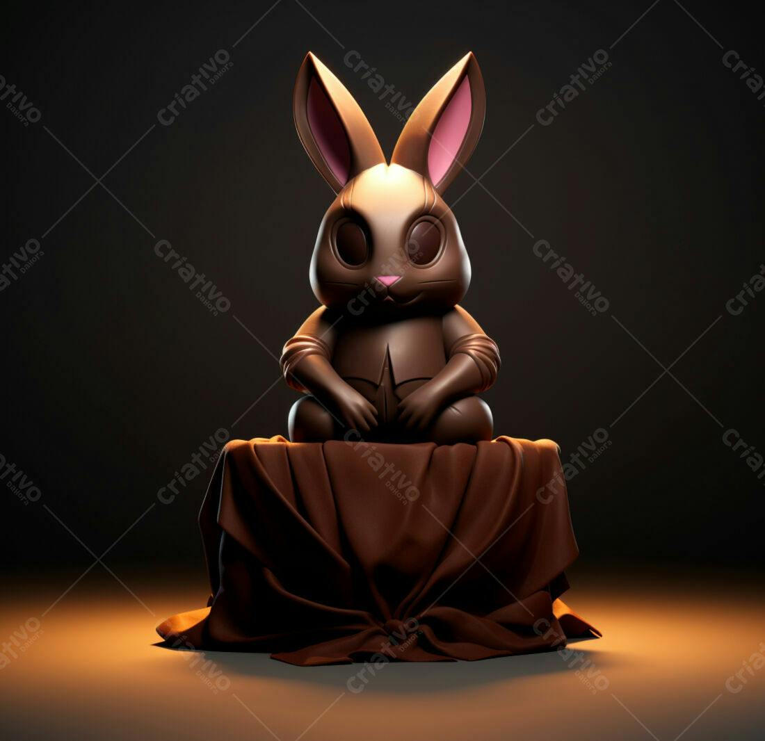 Coelho de chocolate sentado em pedestal marrom