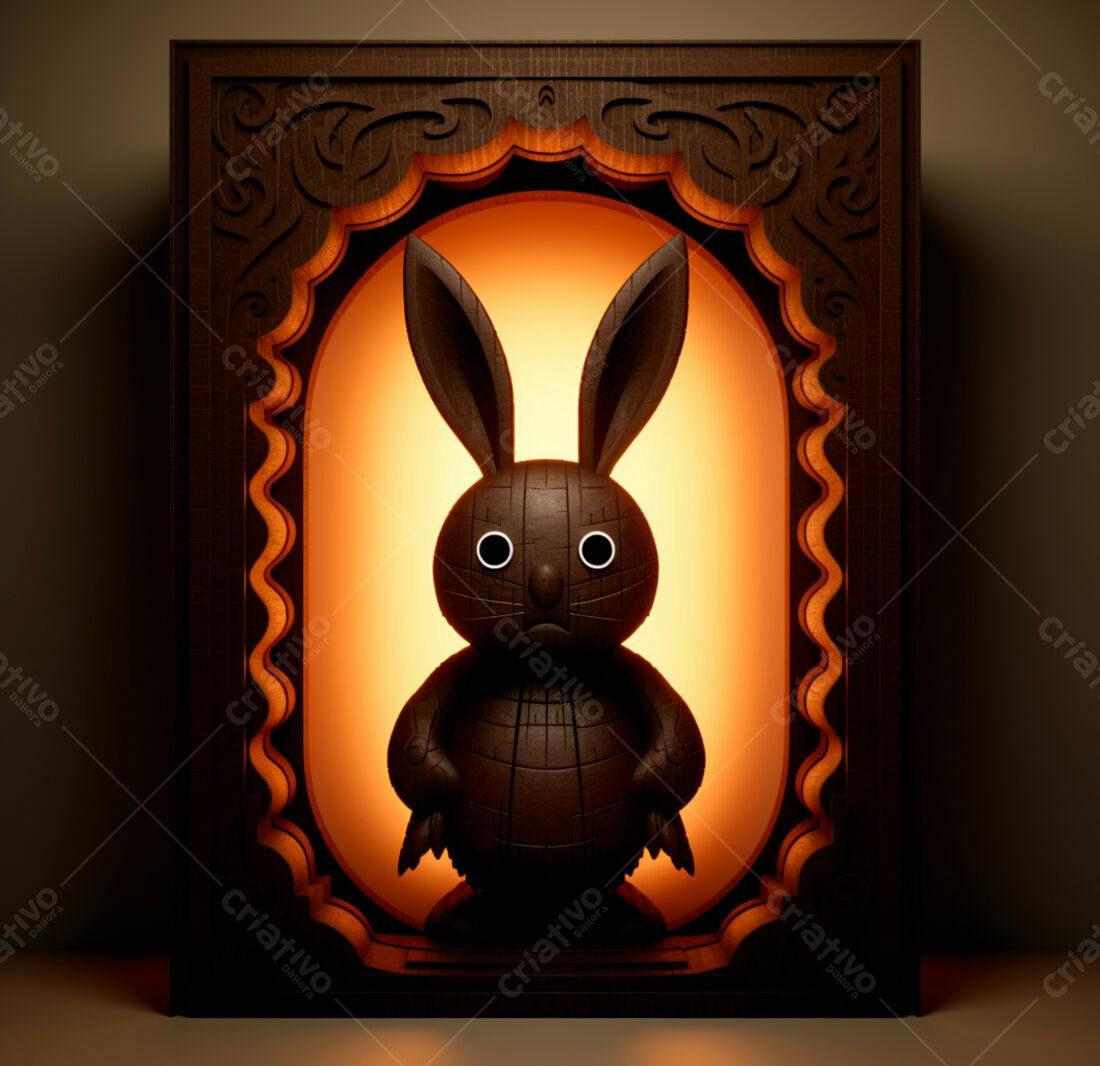 Coelho de madeira em moldura iluminada