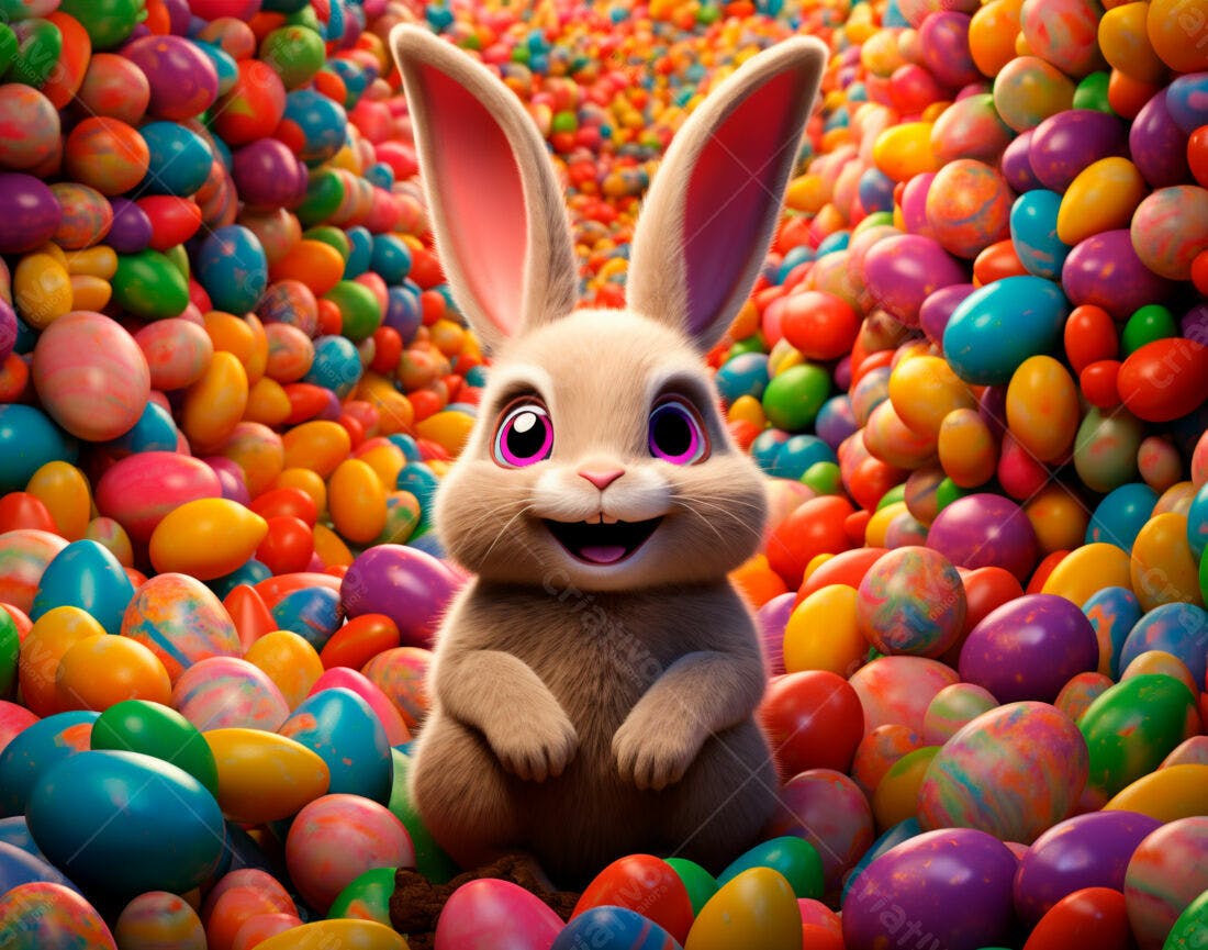 Coelhinho da Páscoa em meio a ovos coloridos