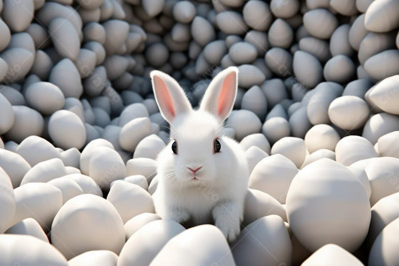Um coelho cercado por muitos ovos de páscoa brilhantes 9