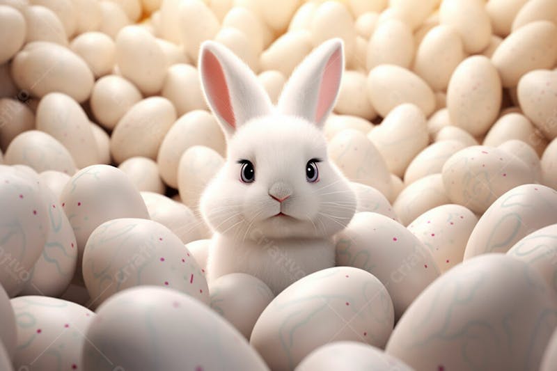 Um coelho cercado por muitos ovos de páscoa brilhantes 13