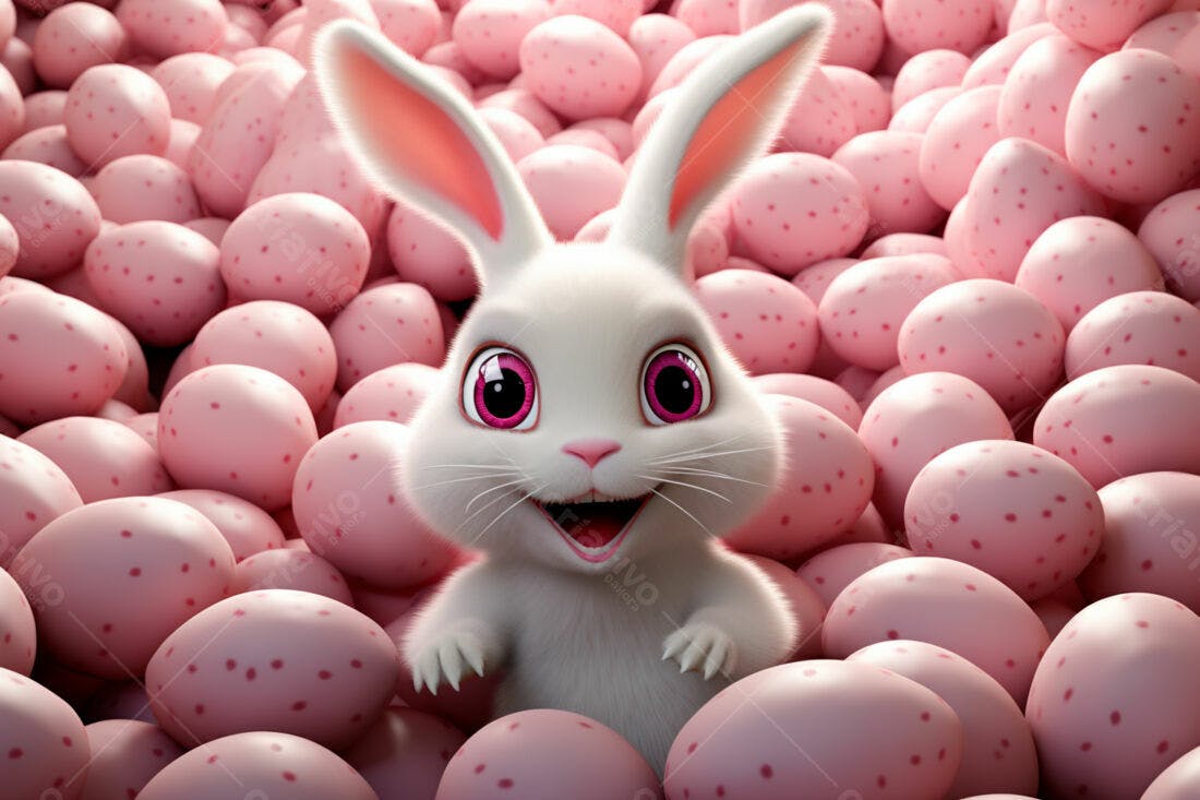 Coelhinho branco em meio a ovos cor-de-rosa