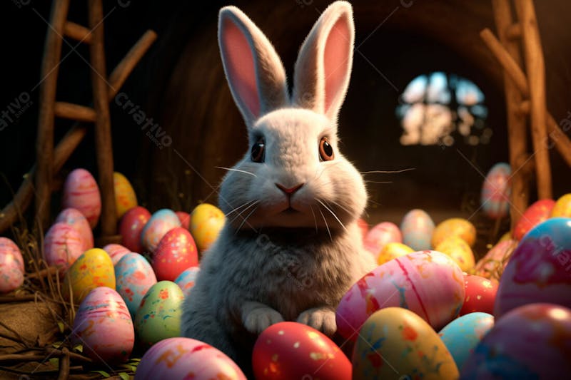 Um coelho cercado por muitos ovos de páscoa brilhantes 24