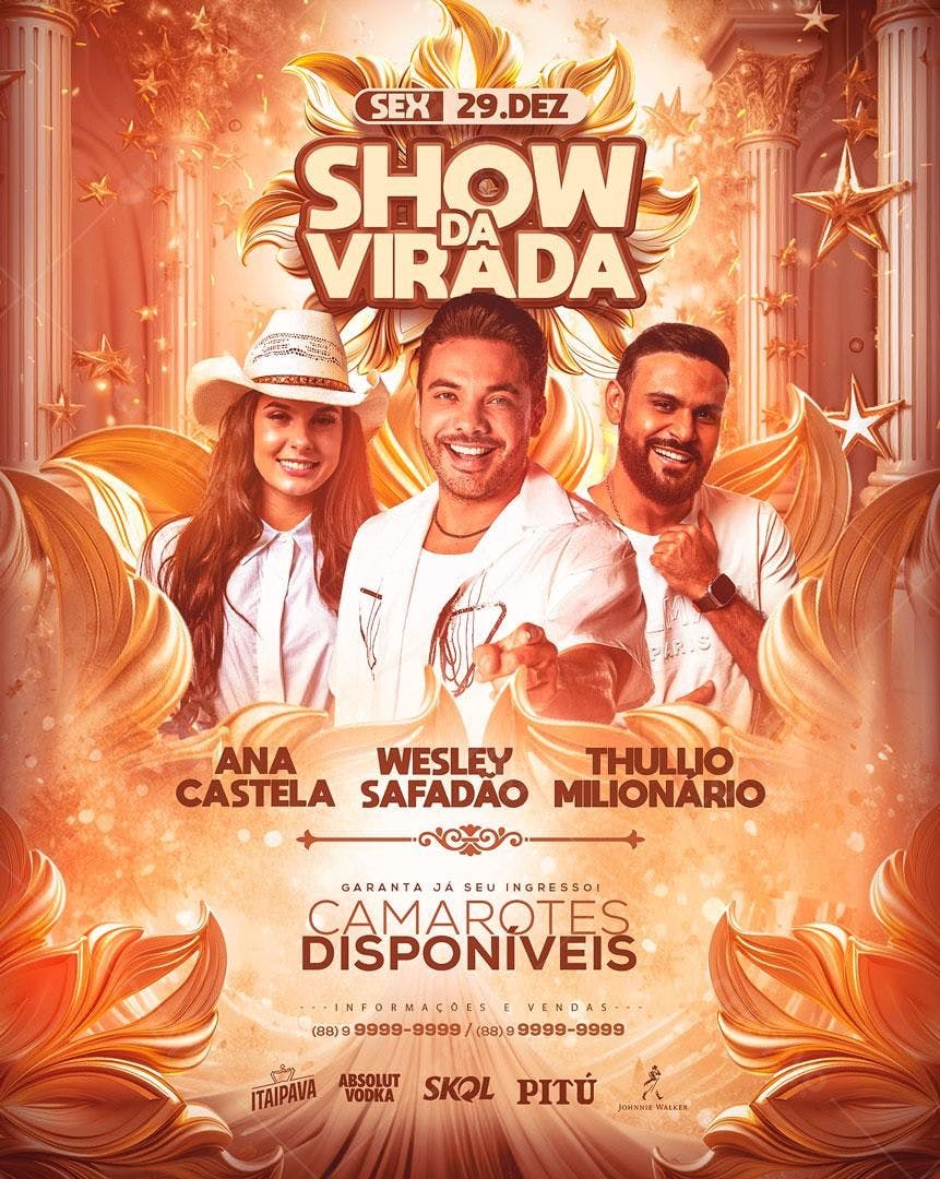 Flyer Show da Virada com Ana Castela, Wesley Safadão e Thulllio Milionário PSD Editável