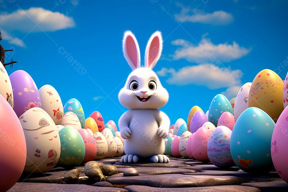 Coelhinho da Páscoa entre ovos coloridos