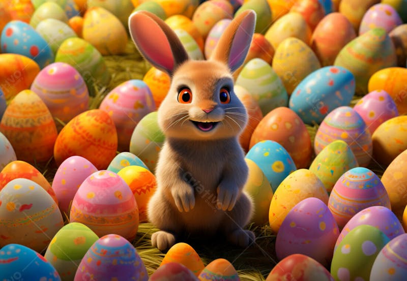 Um coelho cercado por muitos ovos de páscoa brilhantes 31