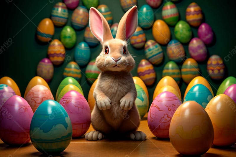 Um coelho cercado por muitos ovos de páscoa brilhantes 32