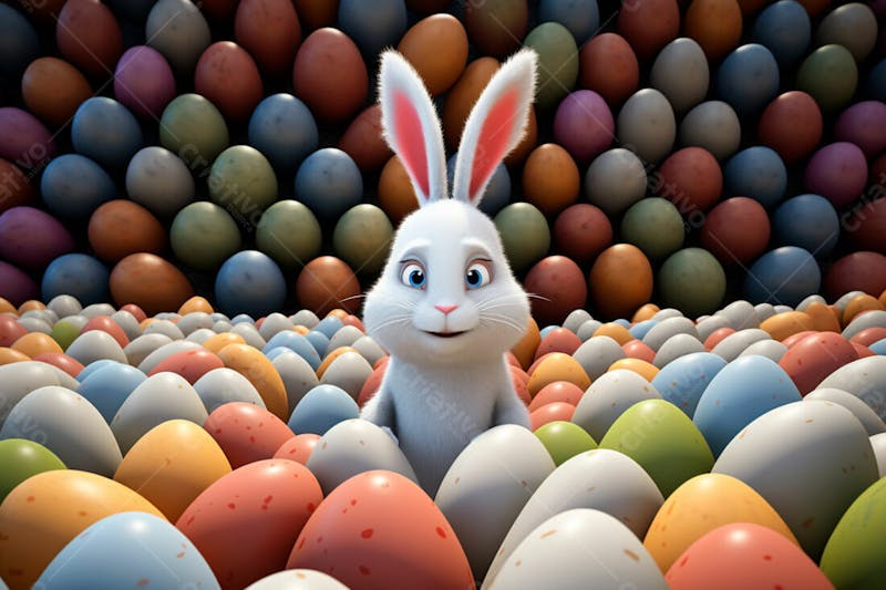 Um coelho cercado por muitos ovos de páscoa brilhantes 37